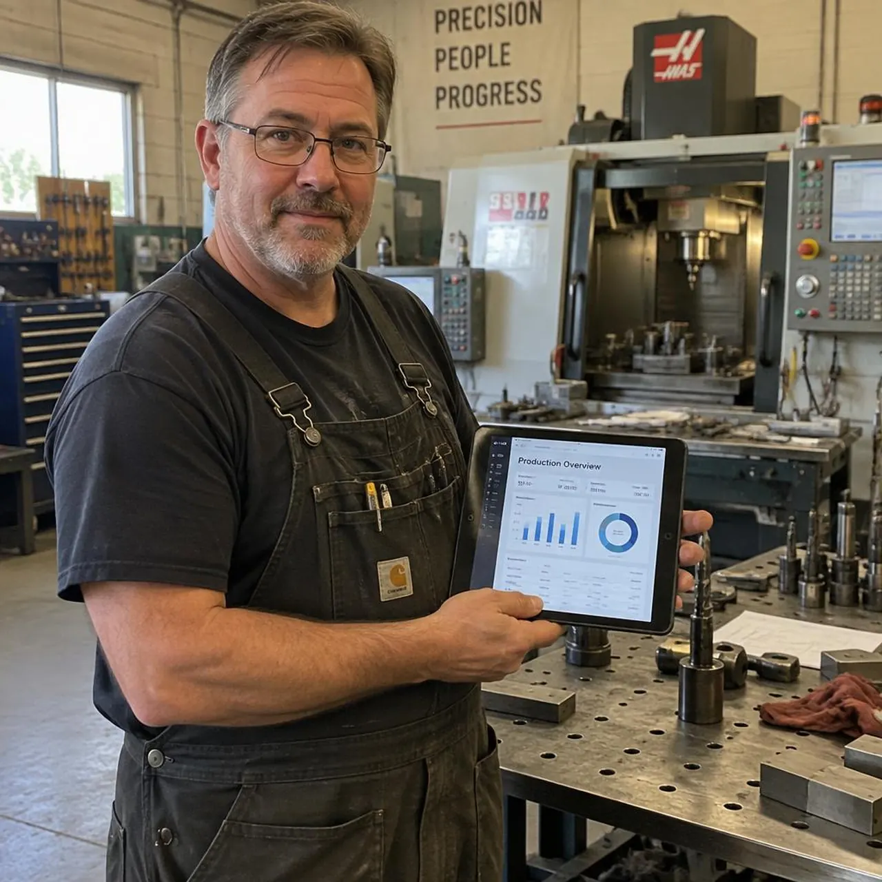 A machine shop owner in overalls standing by his milling machine, checking his website report on a tablet