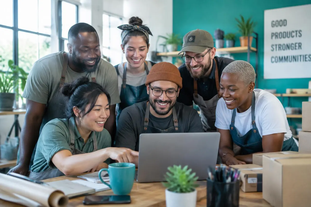 Six small business owners gathered around a laptop in a bright workshop, working through their site together